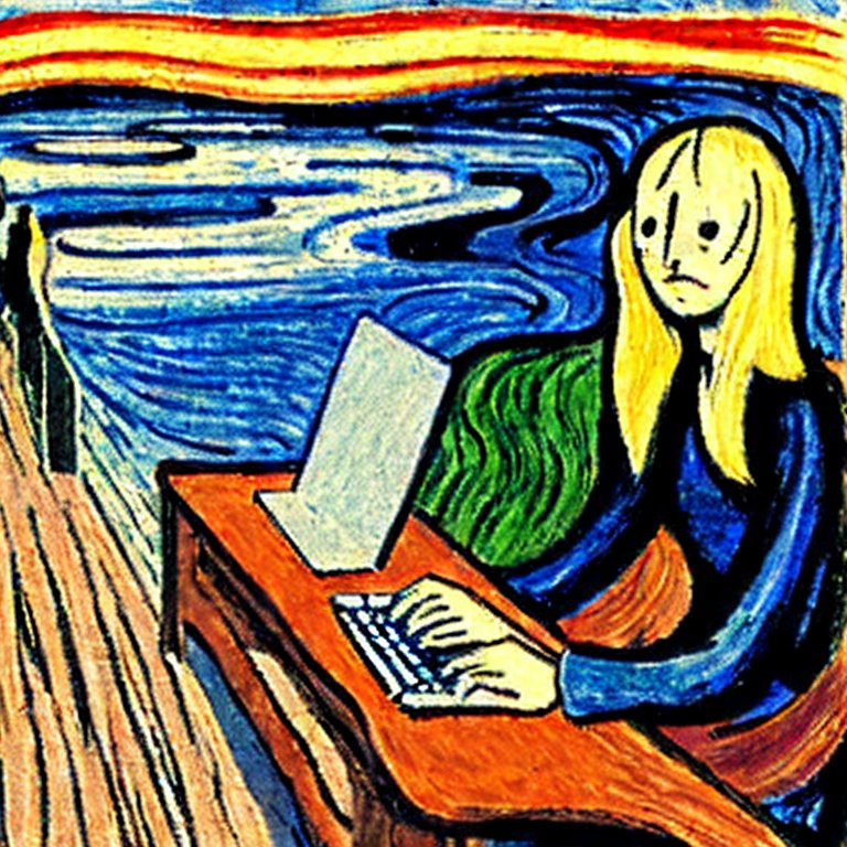 Edvard Munch"s the Scream but setting at a computer, looking at the screen, and typing angrily